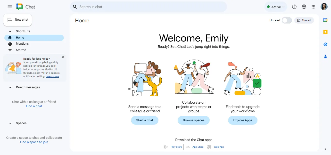 Använd Google Chat på webben och synkronisera dina chattar, utrymmen och uppgifter smidigt.
