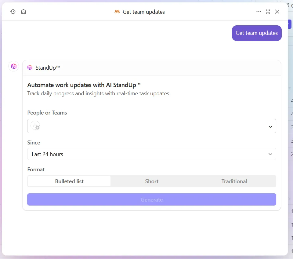 Demandez à ClickUp Brain de rédiger et d'automatiser les rapports d'avancement quotidiens : réduction des coûts logiciels