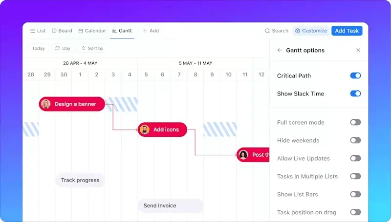 Vista de diagrama de Gantt de ClickUp