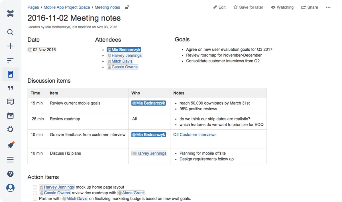 Alternative a Quip: screenshot di un piano di riunione in Atlassian Confluence