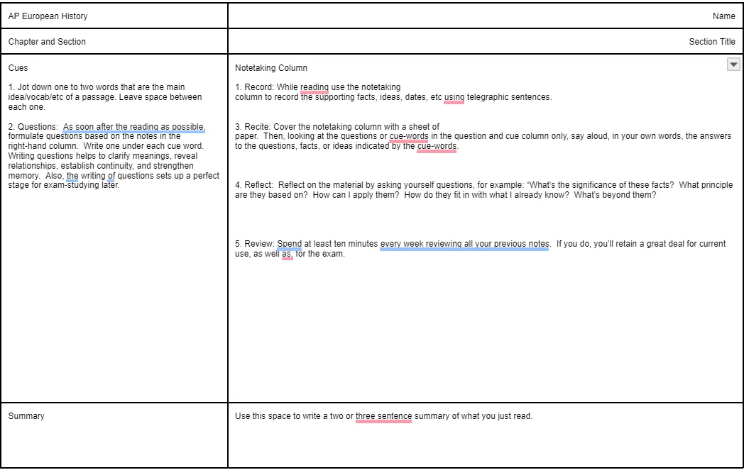 قالب ملاحظات كورنيل في Google Docs