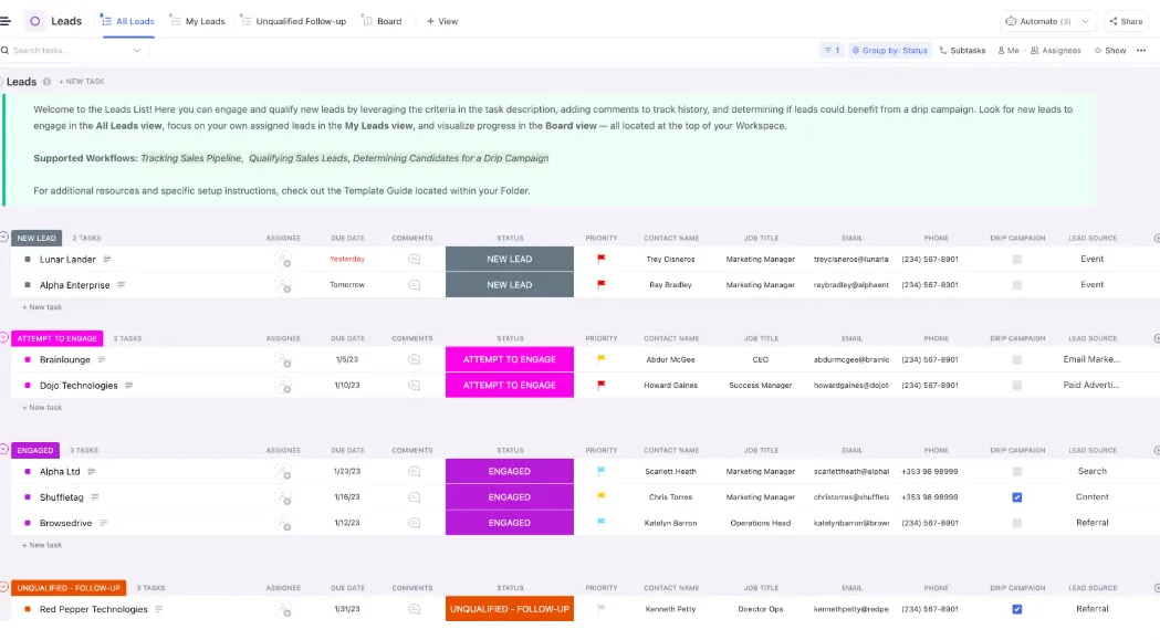 เทมเพลต CRM ของ ClickUp
