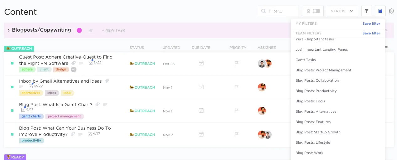 filtre enregistré dans ClickUp