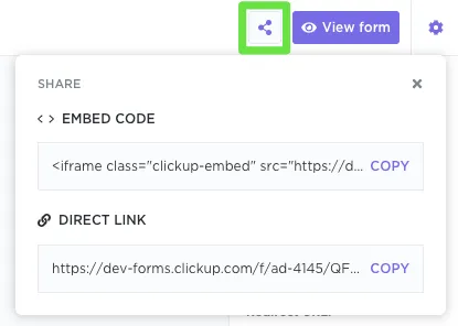 Cho phép người khác truy cập vào ClickUp Form bằng cách nhấp vào liên kết sao chép và chia sẻ nó: cách phản hồi của khách hàng giúp cải thiện sản phẩm.