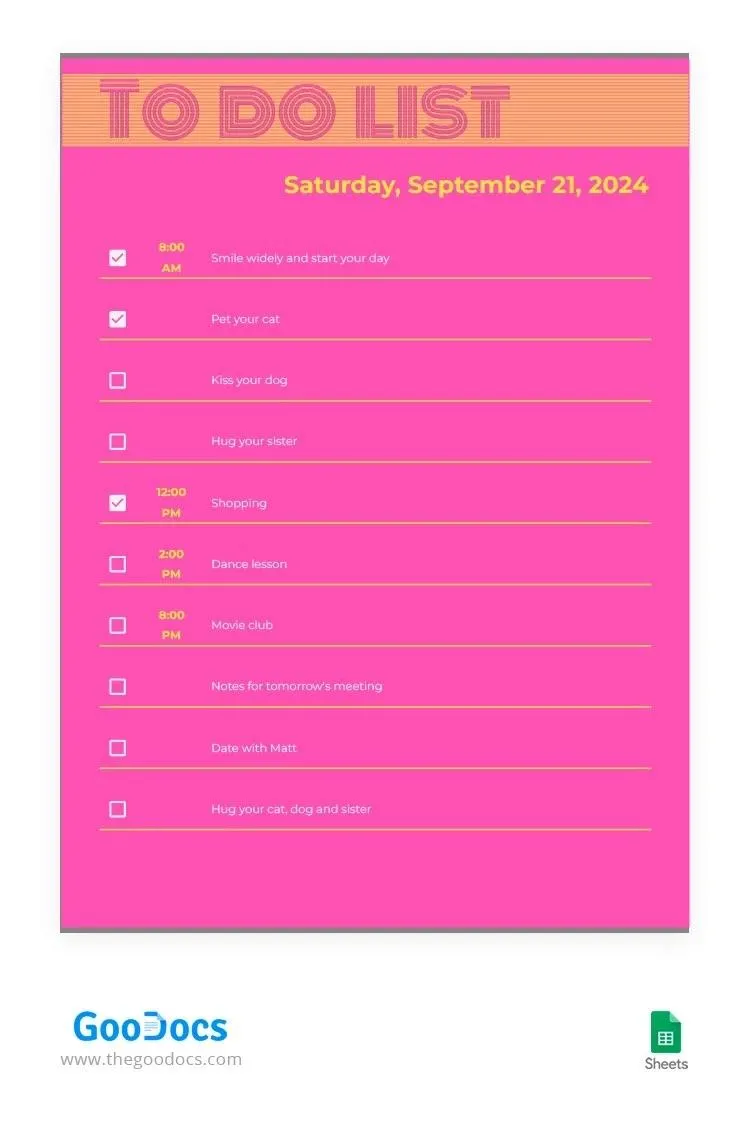 Mẫu danh sách việc cần làm đầy màu sắc của Google Trang tính