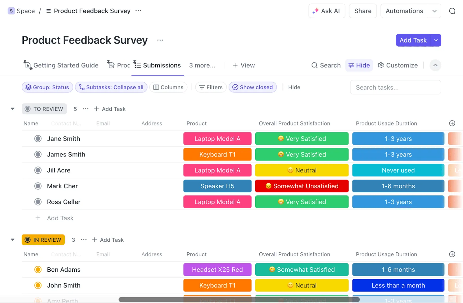 Sledujte zpětnou vazbu k produktům, konsolidujte odpovědi a dokonce jim přiřazujte úkoly pomocí šablony průzkumu zpětné vazby k produktům ClickUp.