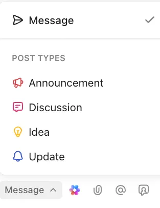 Maak speciale berichten om aankondigingen, ideeën en updates te delen in ClickUp Chat