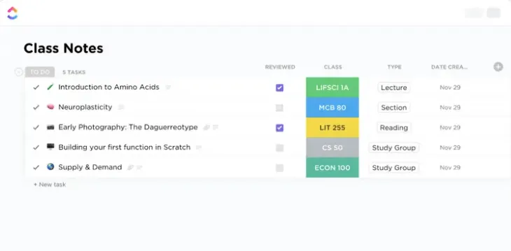 Il modello per prendere appunti di ClickUp semplifica lo studio degli studenti organizzando appunti delle lezioni, compiti e link e consentendo la personalizzazione per vari progetti, corsi o semestri.