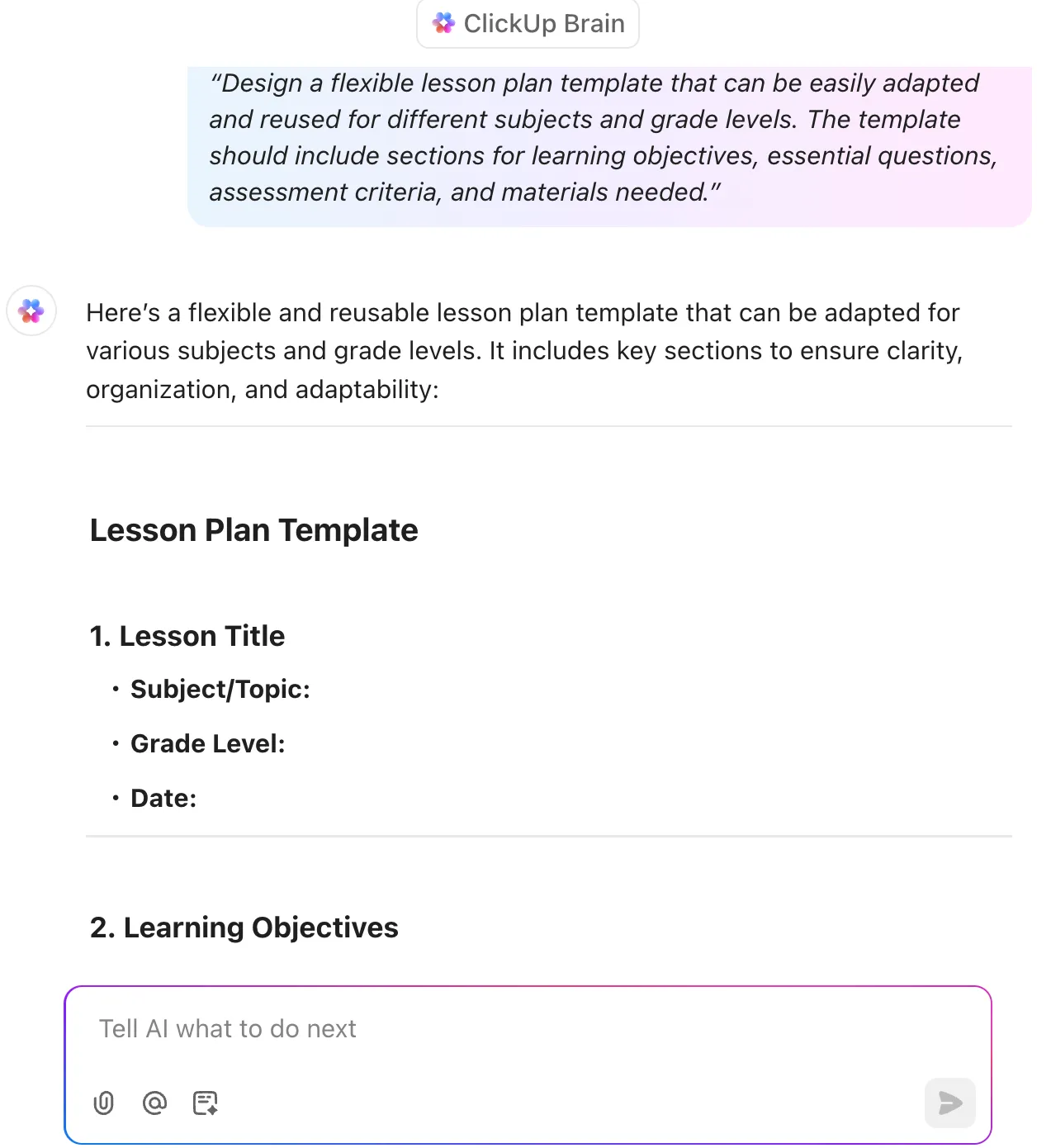 Planification des cours sur ClickUp Brain