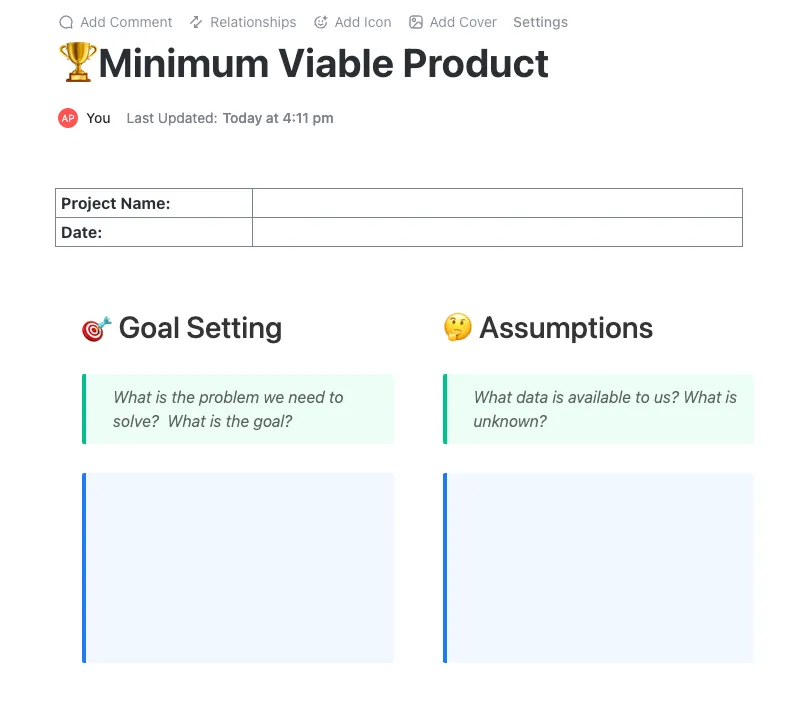 Modèles de produit minimum viable par ClickUp