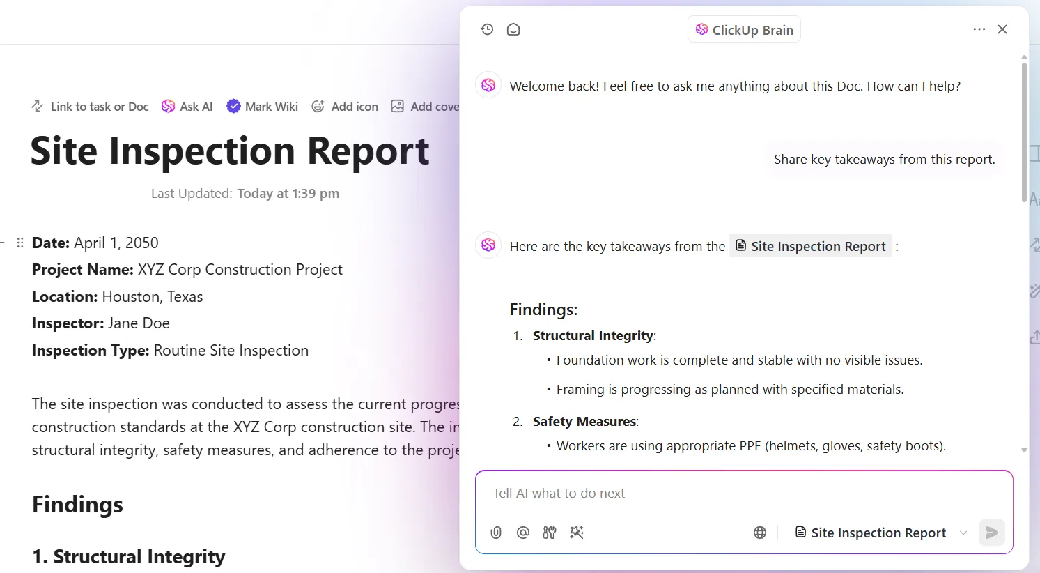 Ottieni informazioni chiave dai rapporti e dalle ispezioni dei cantieri con ClickUp Brain.