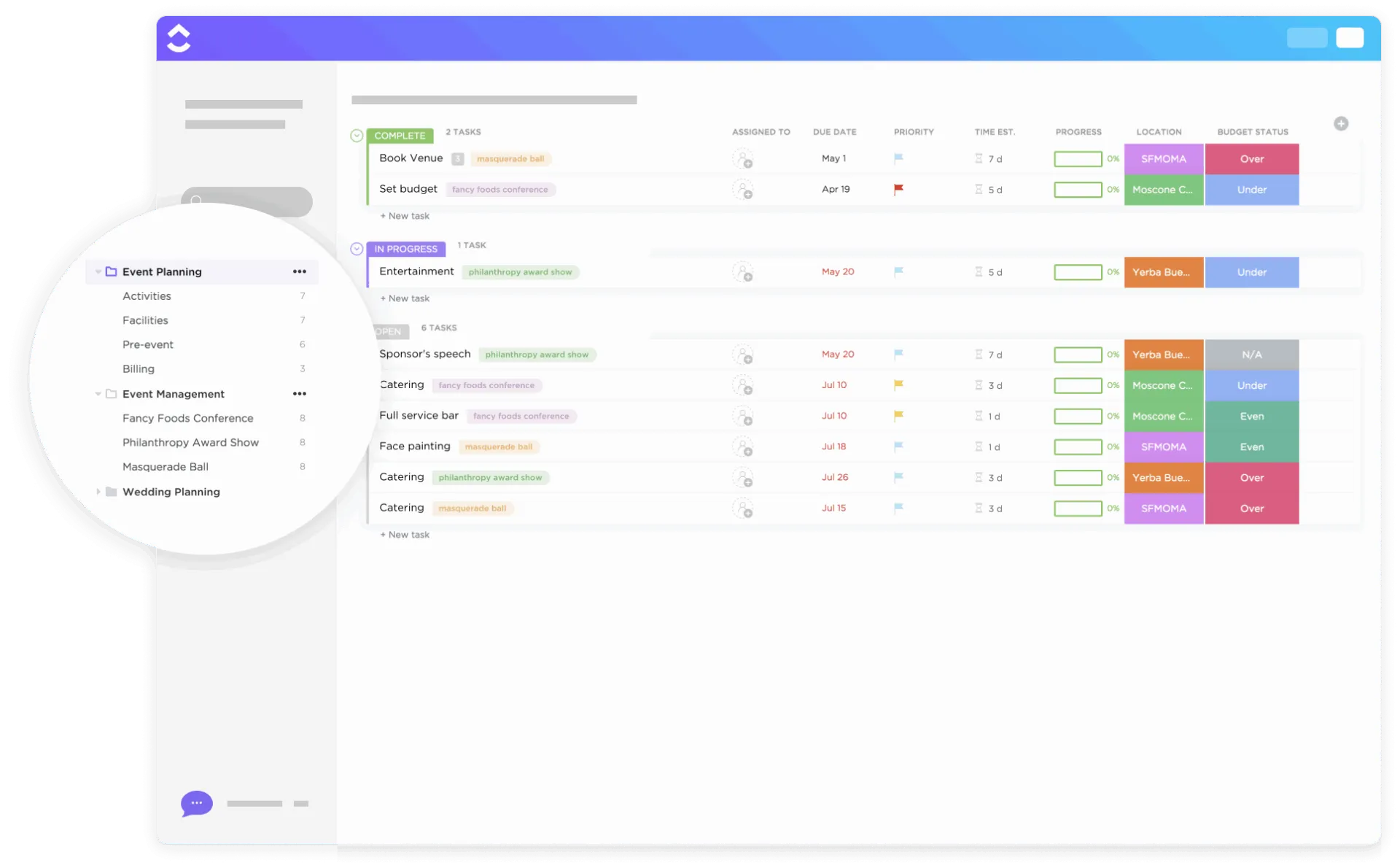 Modèle ClickUp pour la planification d'évènements