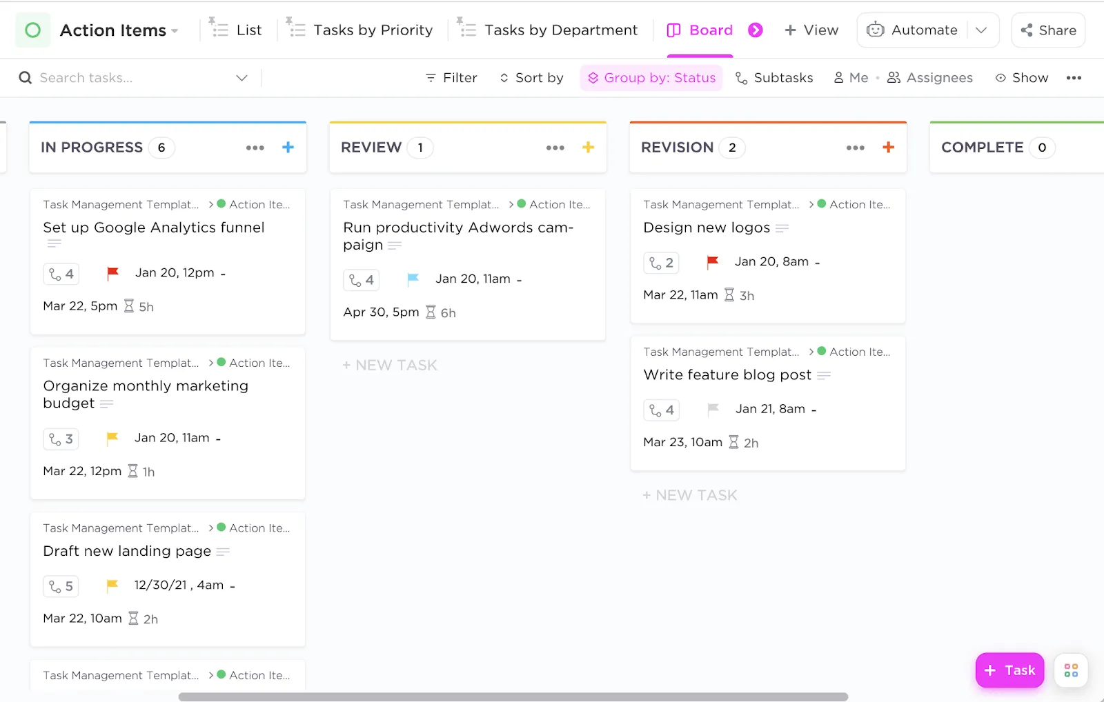 Visualisez vos tâches quotidiennes et leur progression grâce au modèle de gestion des tâches ClickUp