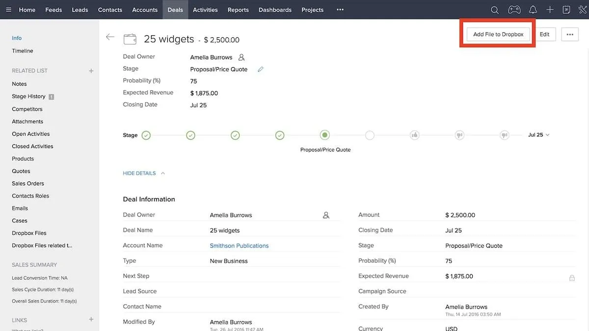Hinzufügen einer Datei aus Zoho CRM zu Dropbox