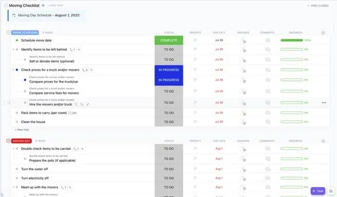 Modèle de checklist pour déménagement ClickUp