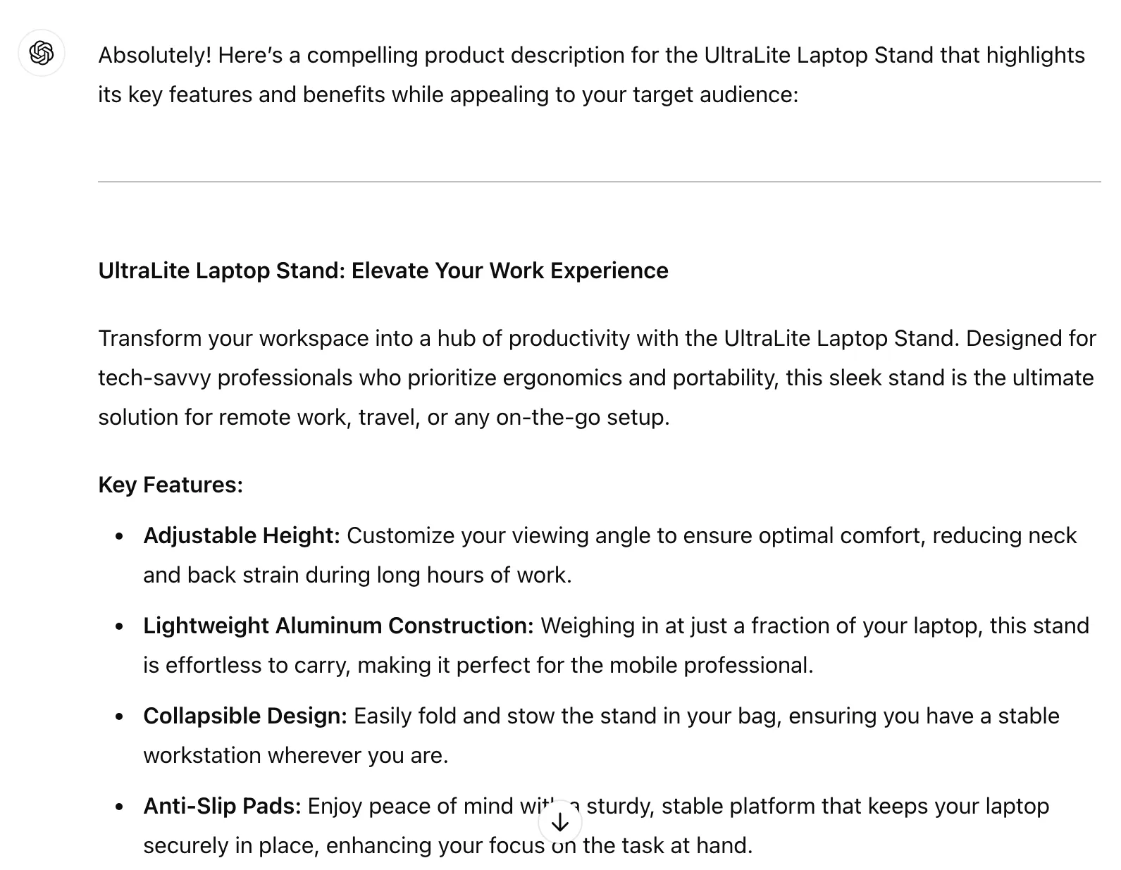 Descriptions du produit Invite : exemples ChatGPT