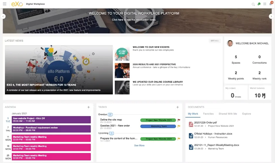 Dashboard della piattaforma eXo: alternative a Facebook Workplace