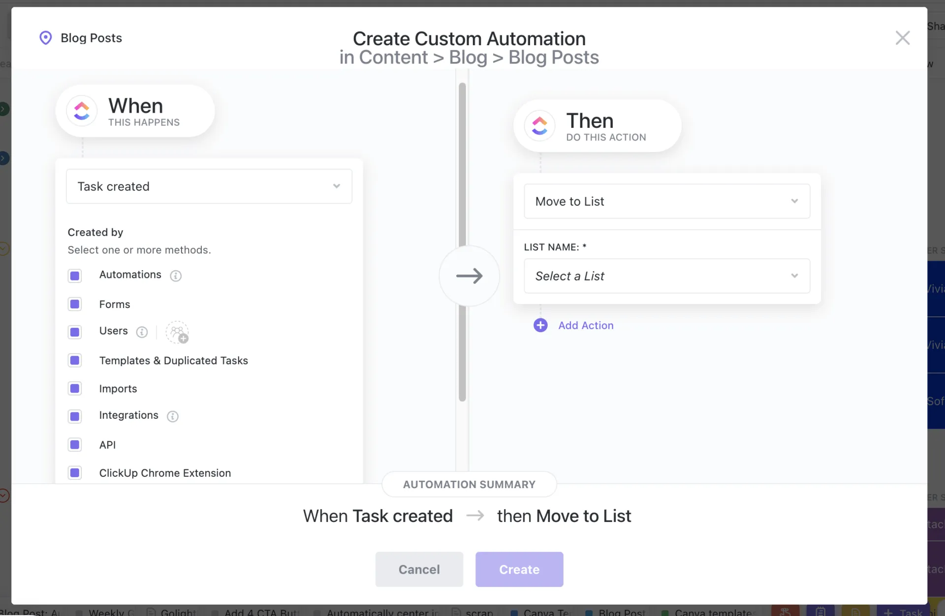 automatización de la creación de tareas en ClickUp
