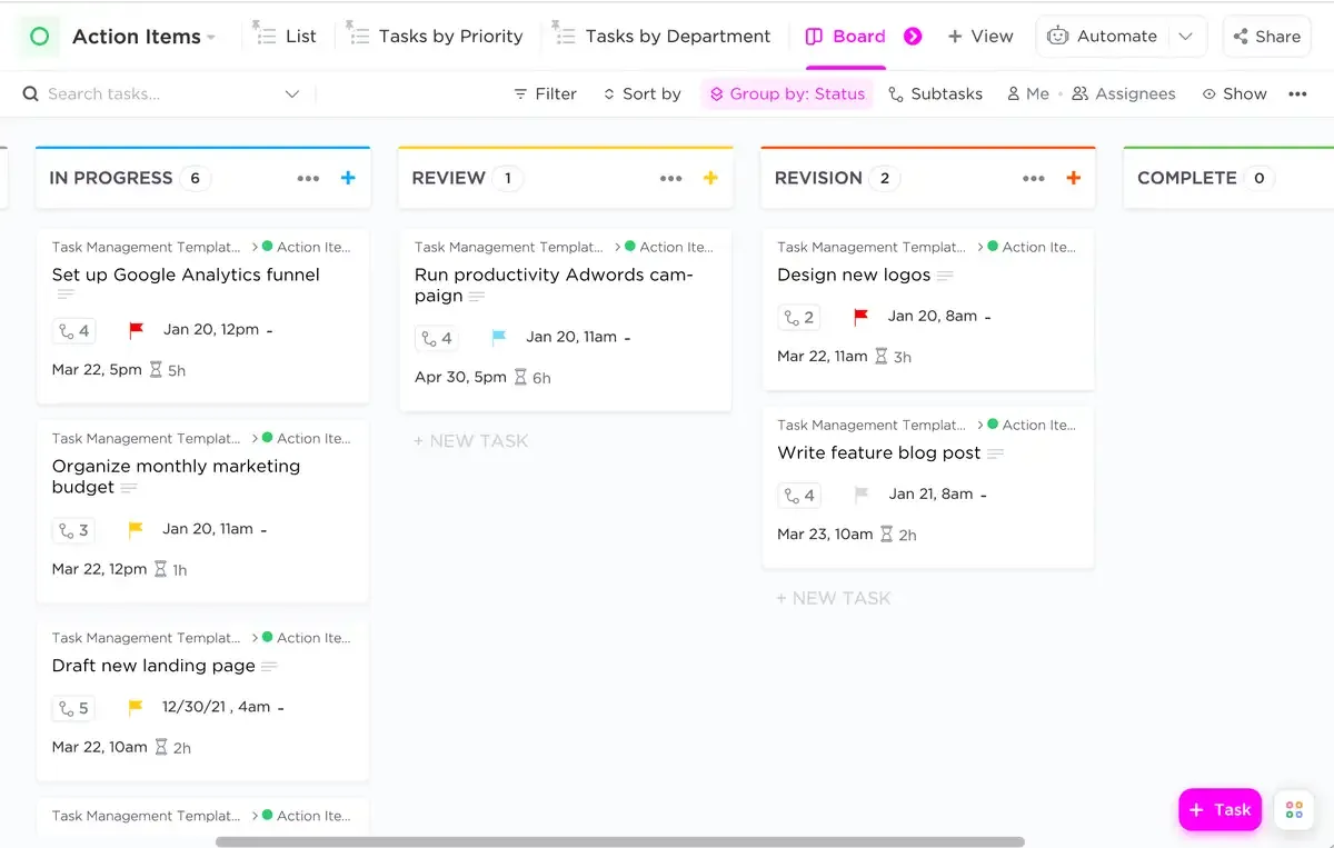 Función de gestión de tareas de ClickUp