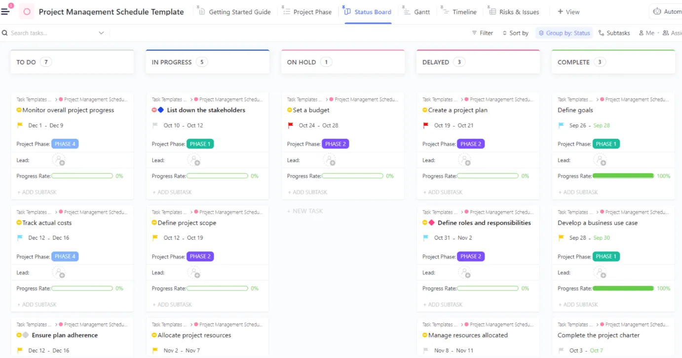 Šablona harmonogramu projektového řízení ClickUp