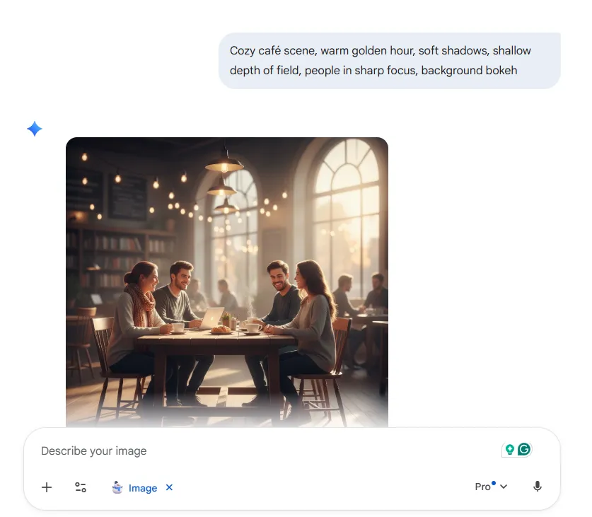 Gemütliche Cafészene, warme goldene Stunde, weiche Schatten, geringe Schärfentiefe, scharf fokussierte Personen, Bokeh-Hintergrund – Nano-Banana-Prompts