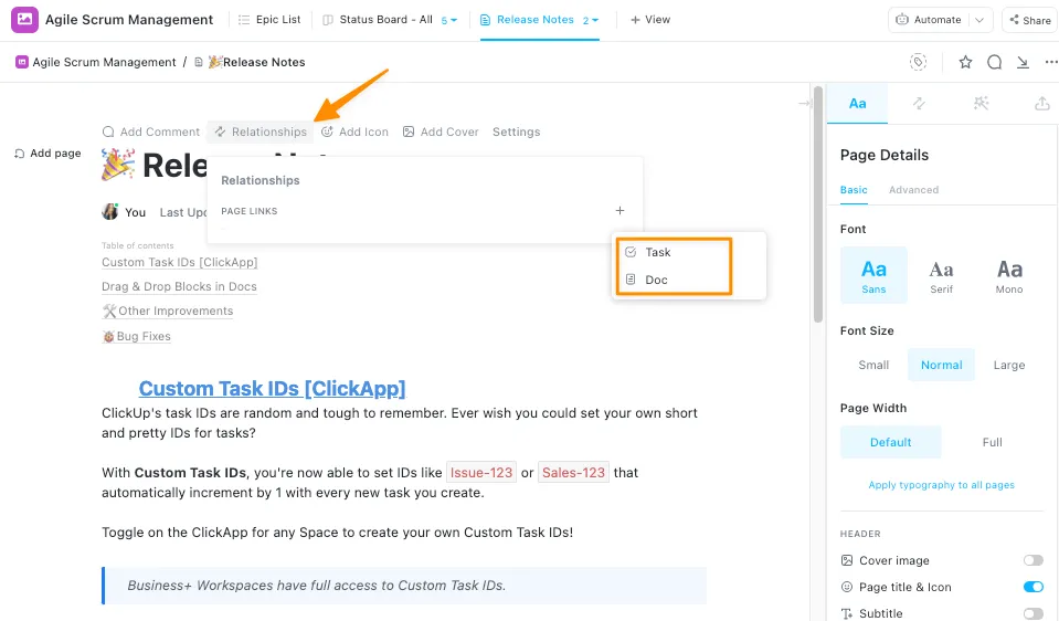 Utilice las relaciones en ClickUp para conectar las notas de lanzamiento de productos con el trabajo.