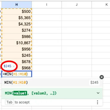 Намиране на минималната стойност (MIN)
справка за Google Sheets