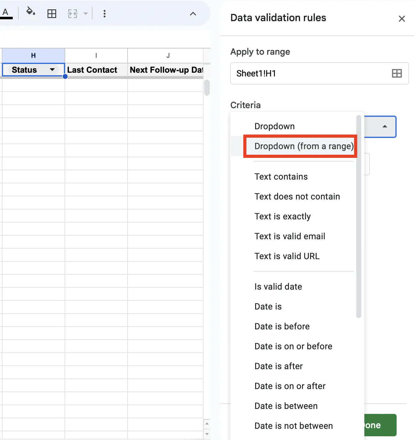 Critère « Menu déroulant (à partir d'un intervalle) » dans les paramètres de validation des données dans Google Sheets
Feuille de calcul CRM