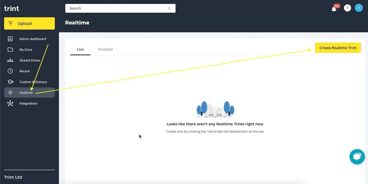 Ferramentas de transcrição por IA: captura de tela da ferramenta Realtime da Trint