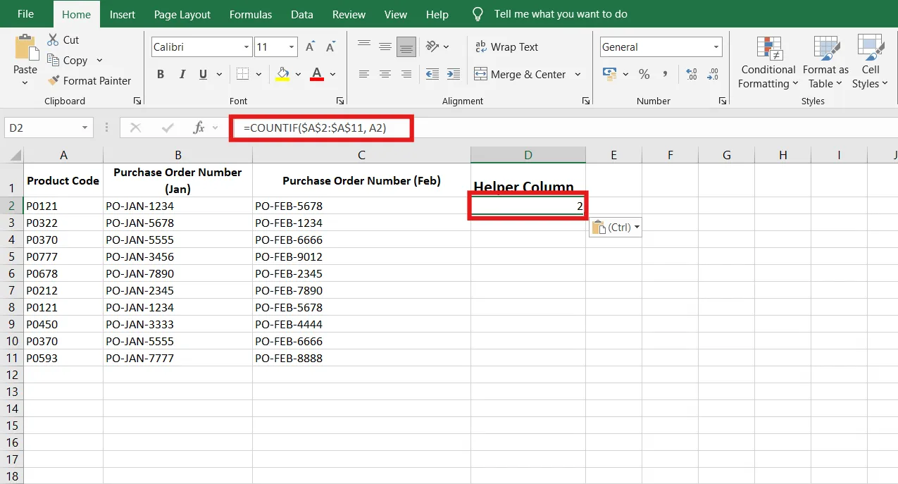 วิธีค้นหาข้อมูลซ้ำใน Excel - ใช้สูตร COUNTIF