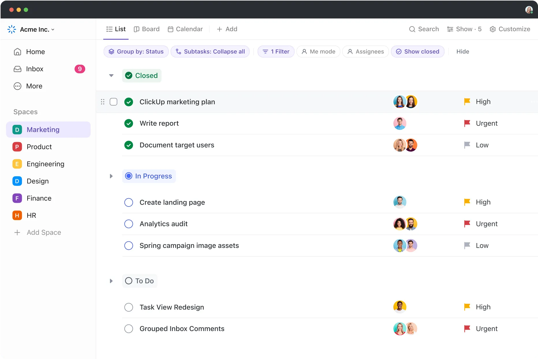 ClickUp 3.0 : vue Liste avec filtres