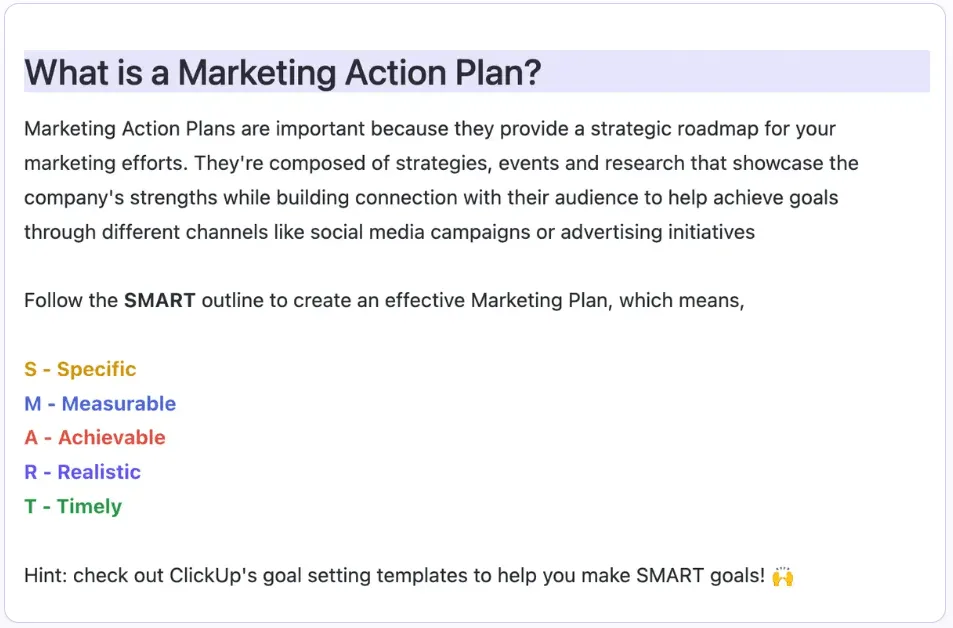 Comece a traçar o roteiro da sua campanha de marketing usando o modelo de plano de ação de marketing do ClickUp.