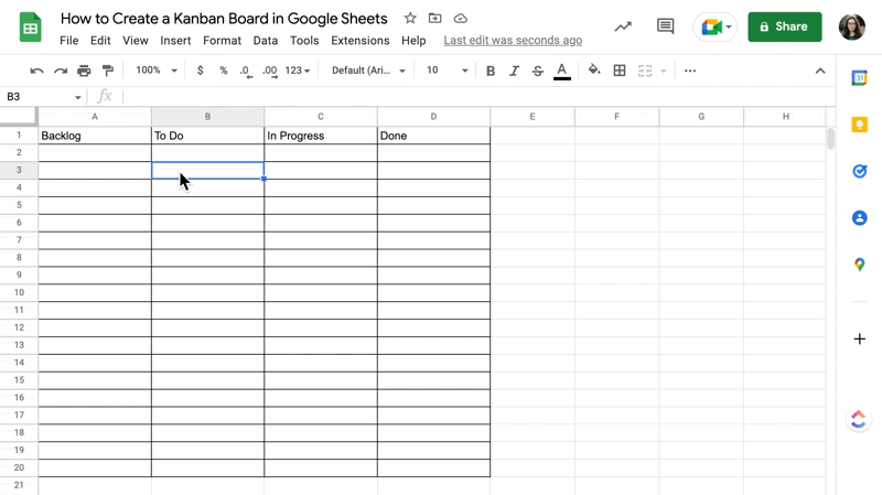 Formatieren Sie ein Kanban-Board in Google Tabellen mit wechselnden Farben.