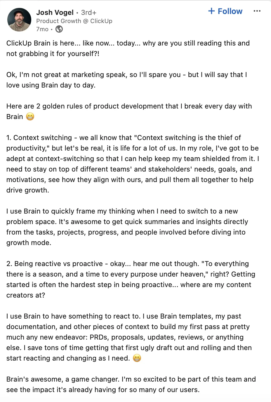 Publicación de Josh Vogel en LinkedIn sobre cómo utilizar ClickUp Brain y emplearlo como asistente personal.