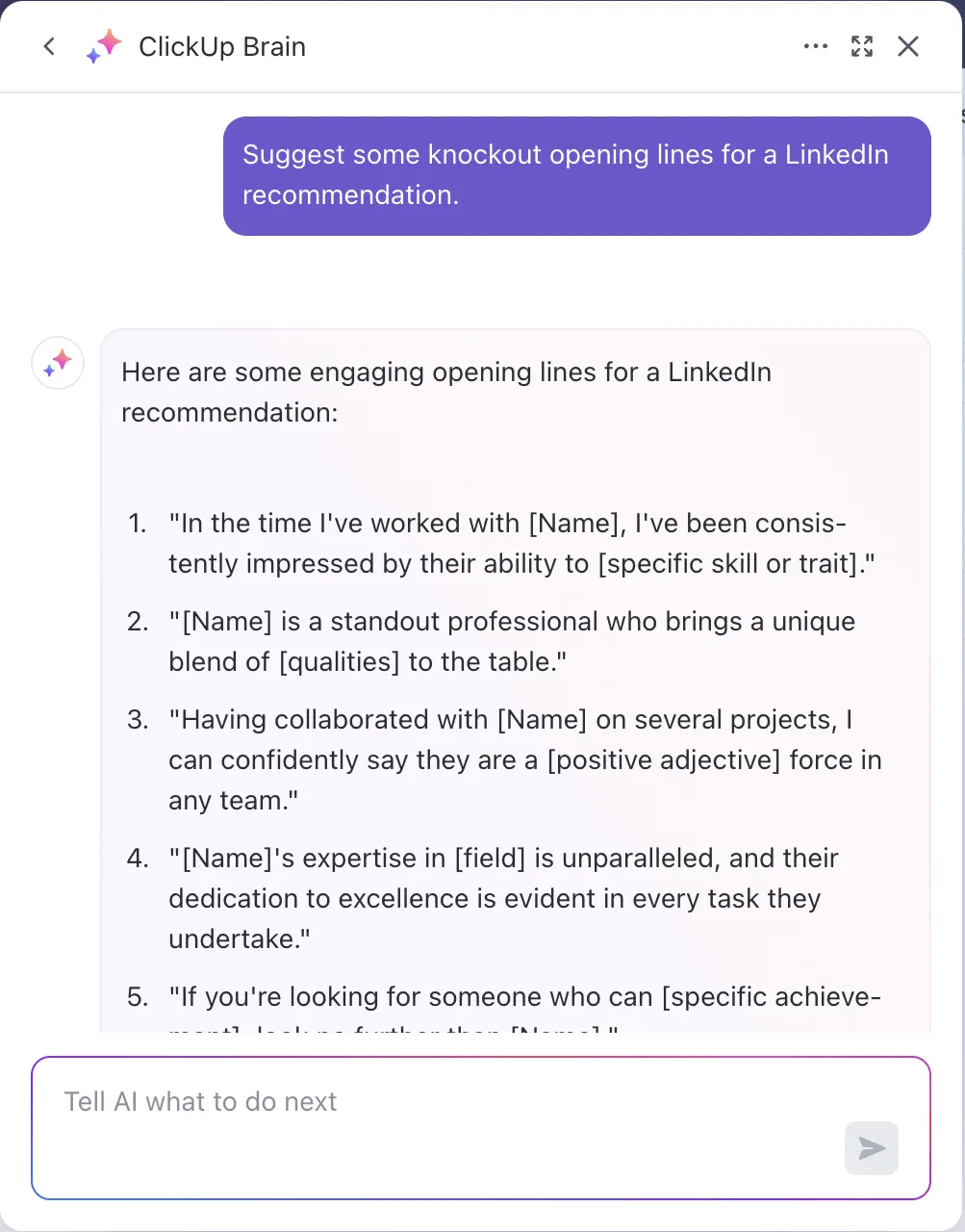 ClickUp Brain: คำแนะนำจาก LinkedIn