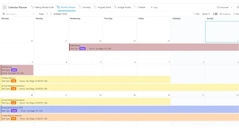 Verwalten Sie alle Ihre Aufgaben und behalten Sie den Überblick mit der ClickUp-Kalenderplaner-Vorlage.
