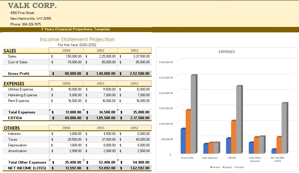 Plantilla de proyecciones financieras a 3 años de Template.net