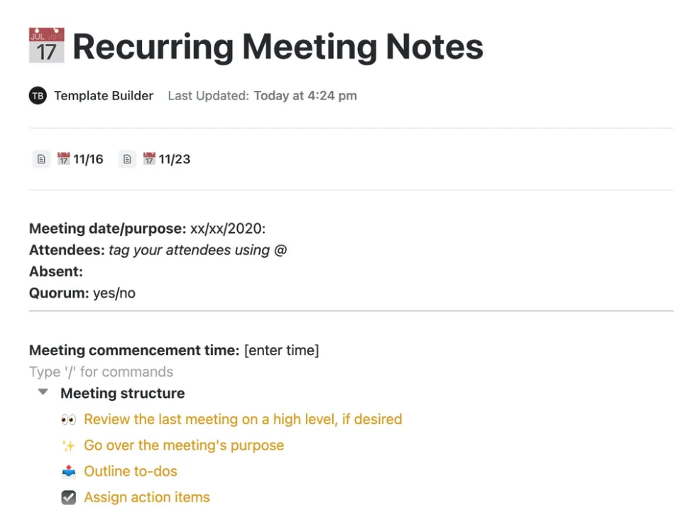 Notas de reuniões recorrentes pelo ClickUp