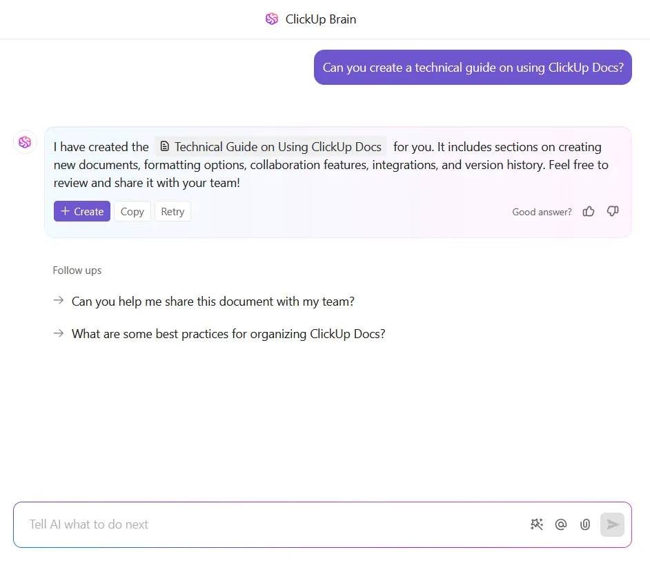 ClickUp Brain: Beispiele für technisches Schreiben