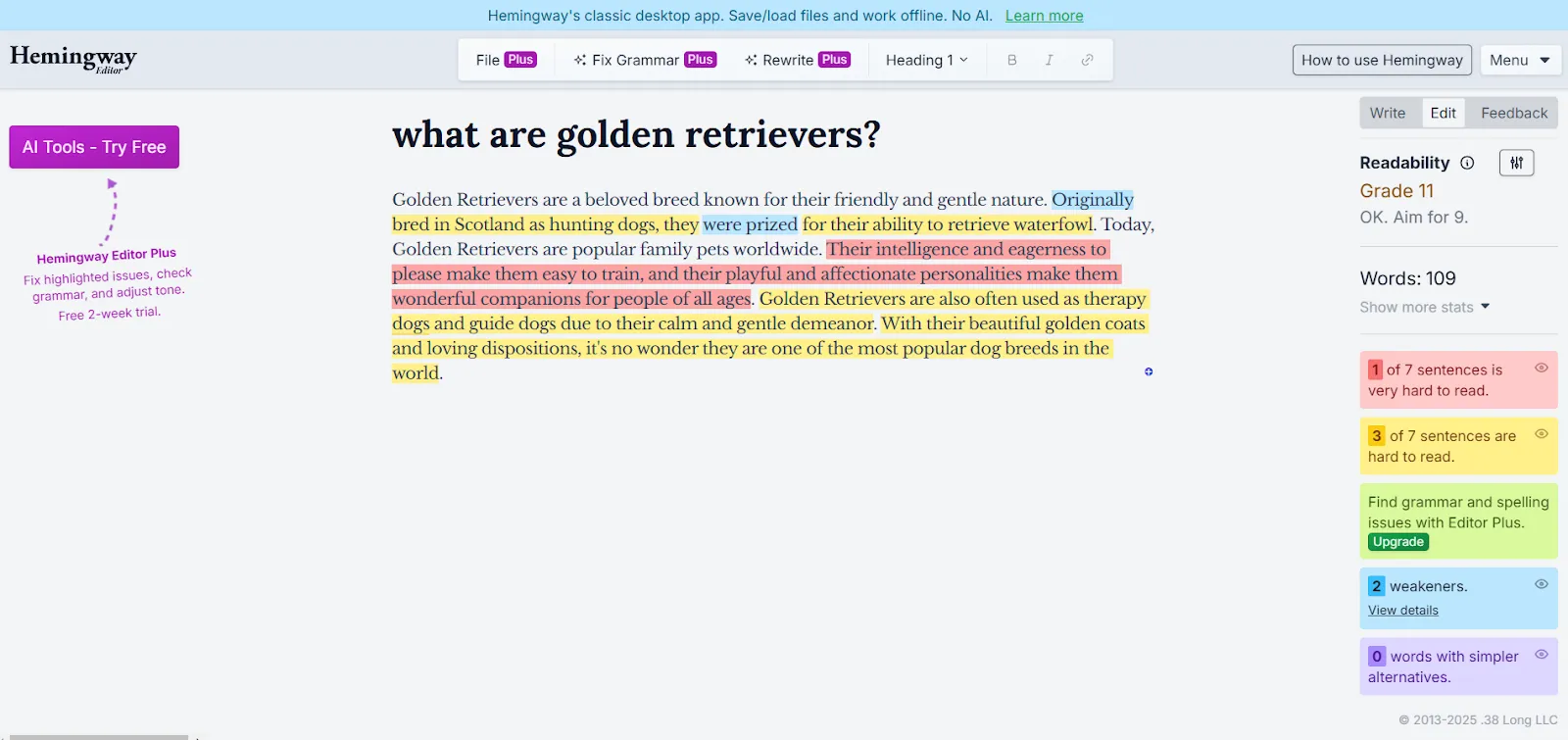 Alternativa a Wordtune: Hemingway Editor: la mejor opción para simplificar estructuras sintácticas complejas.