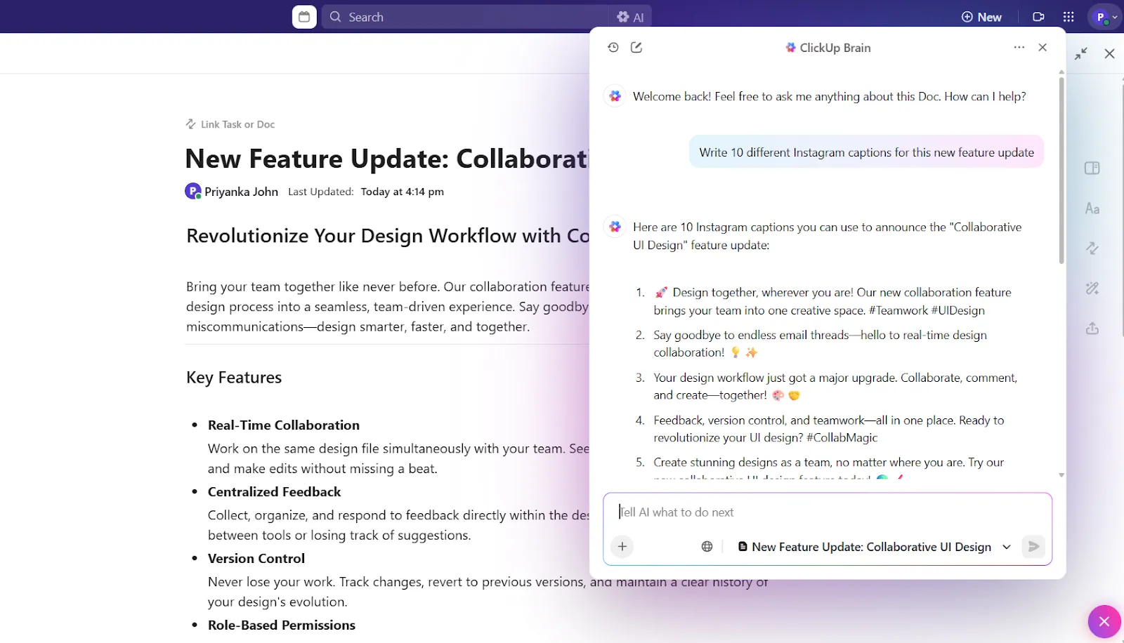 ClickUp Docs: Bing IA Indicaciones