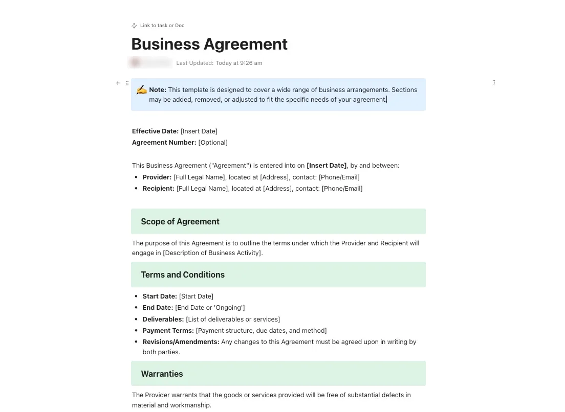 Modello di contratto aziendale ClickUp