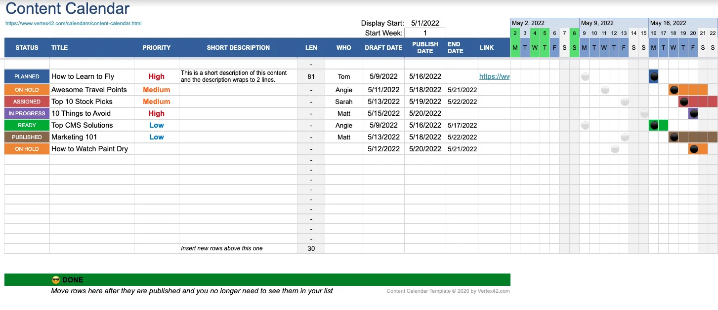 Ejemplo de plantilla de calendario de contenido de Vertex42 para Hojas de cálculo de Google