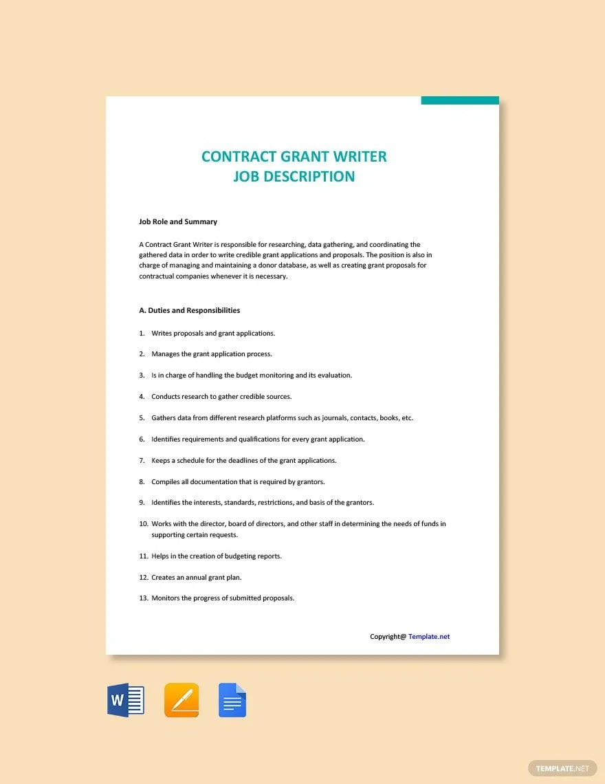 Modèle Word de description de poste de rédacteur de demandes de subventions