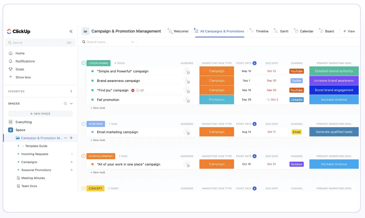 Planifiez, suivez et exécutez vos campagnes avec ClickUp Campaign and Promotion Management.