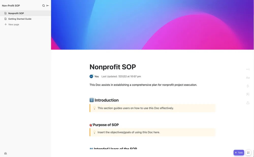 Restez organisé et conforme grâce à ce modèle de procédures opératoires normalisées (SOP) ClickUp pour les organisations à but non lucratif, conçu pour les équipes animées par une mission.