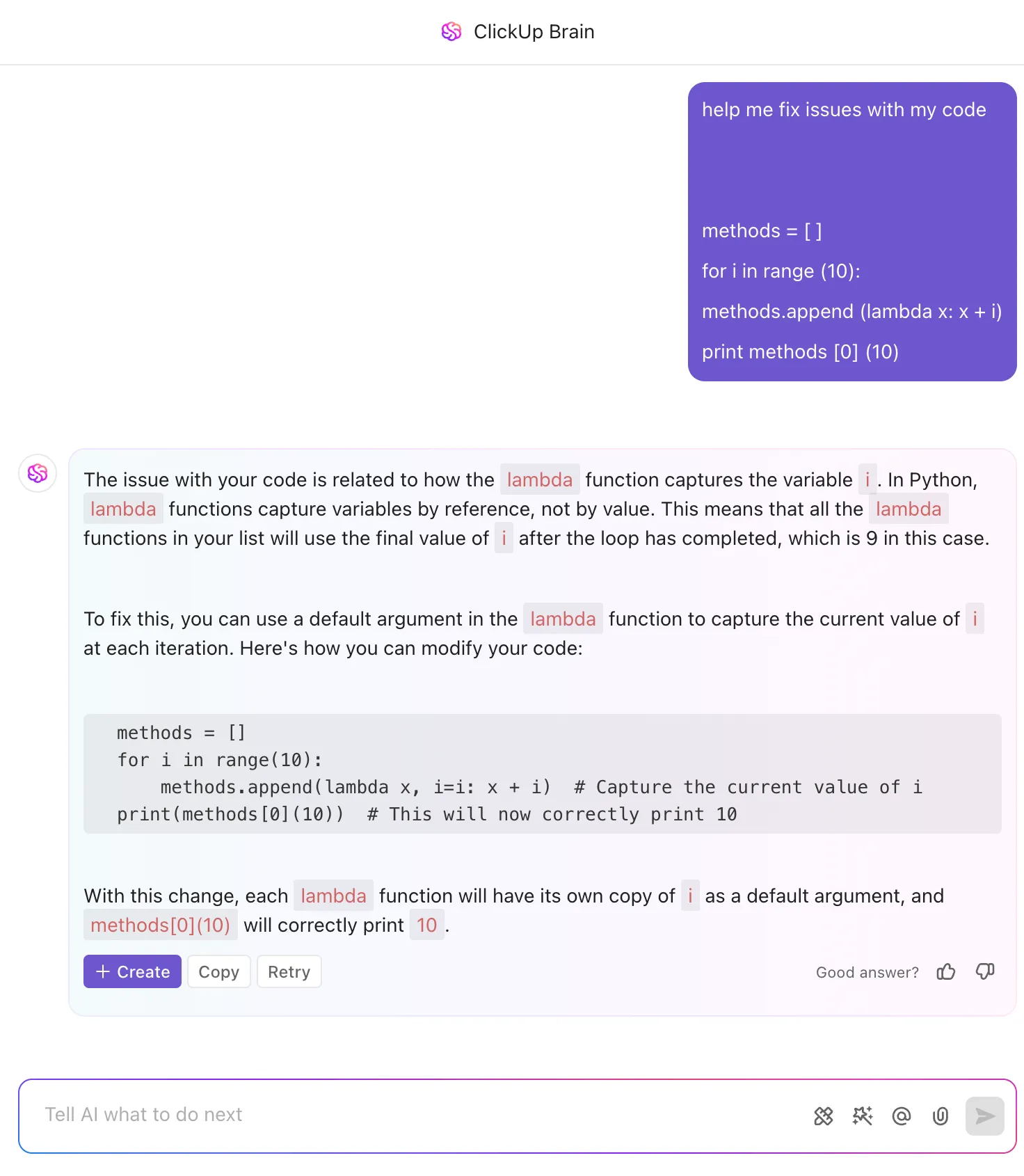 Ottieni suggerimenti immediati per il debug del tuo codice con ClickUp Brain.
