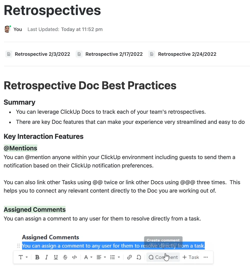 Utiliza un documento de ClickUp para recopilar comentarios durante una revisión de Sprint.