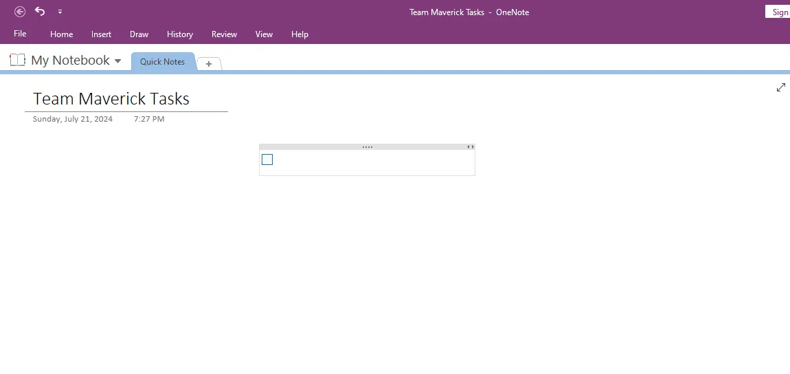 Hộp danh sách việc cần làm với thanh kéo để thay đổi kích thước trong OneNote