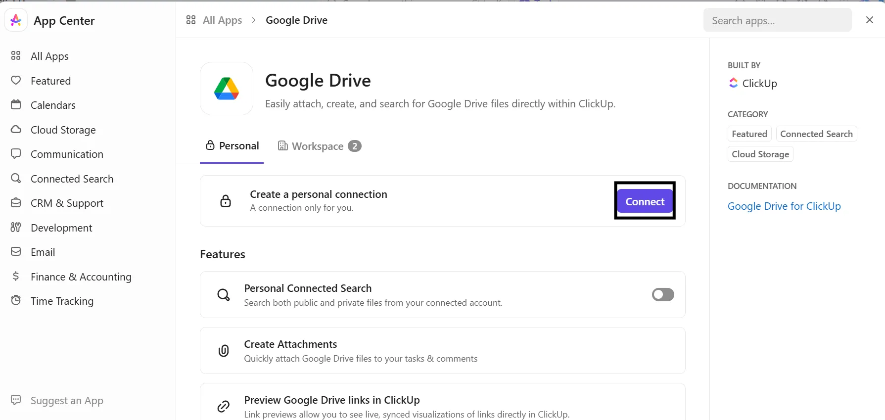 Haga clic en Conectar para vincular Google Drive a ClickUp Docs.